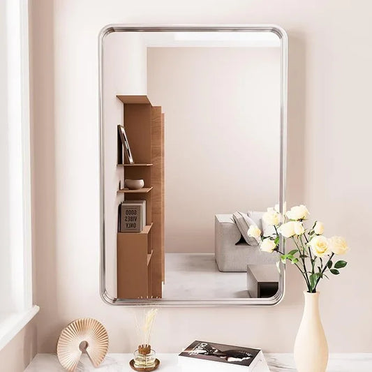 JISOSO Brushed Nickel Bathroom Mirror 24x32 Inch, Brushed Silver Metal Frame Mirror Wall Mounted, Rounded Rectangle Bathroom Vanity Mirror, Tempered Glass, Anti-Rust, Horizontal/Vertical - ModernBath