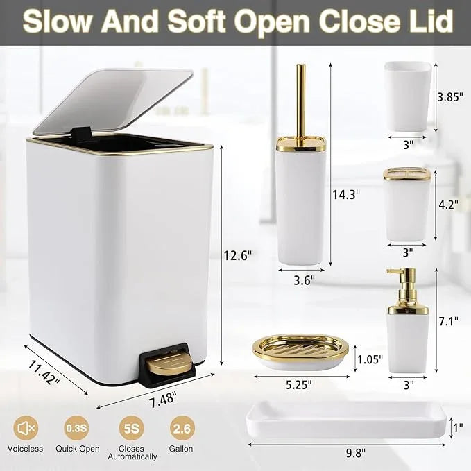 XLHOMO White Bathroom Accessories Set 8 Piece White and Gold Bathroom Set, Bathroom Sets with Stainless Steel Trash Can,Toilet Brush,Toothbrush Set,Soap Dispenser - ModernBath