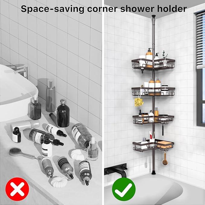KEGII 4-Tier Corner Shower Caddy Tension Pole - Waterproof Shower Rod Organizer, Floor to Ceiling Tension Rod 25-114.2 inch, Stainless Steel Corner Shower Shelf, Bronze - ModernBath