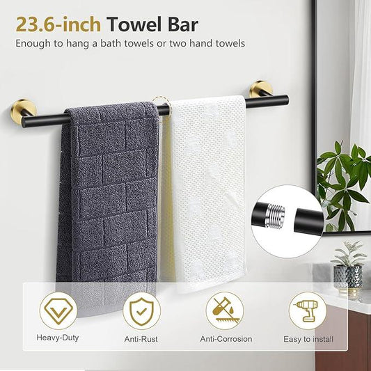 TQKAG Black and Gold 5 Piece Bathroom Hardware Accessories Set 23.6" SUS304 Stainless Steel Bathroom Towel Bar Holder Sets Double Post Pivoting Toilet Paper Holder Set Wall Mounted - ModernBath
