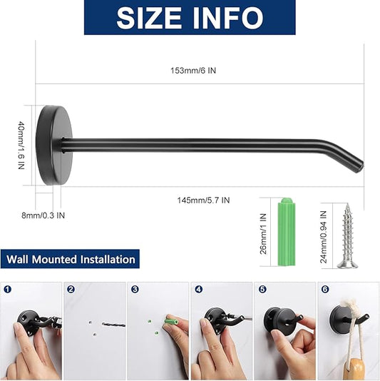 NearMoon Coat Hooks, Wall Mount Hooks for Hanging Hat Hurse Robe, 304 Stainless Steel Heavy Duty Towel Hangers for Bathroom Livingroom Hotel Kitchen Garage, 6 Pack (6 Inch, Matte Black)