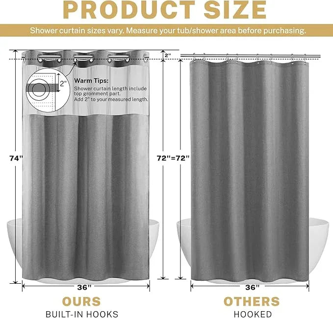 WONICY No Hook Small Stall Gray Shower Curtain with Snap in Liner, Polyester Textured Shower Curtain with Liner Set, Waterproof Washable Narrow Shower Curtains for Bathroom, 36Wx74H, Grey - ModernBath