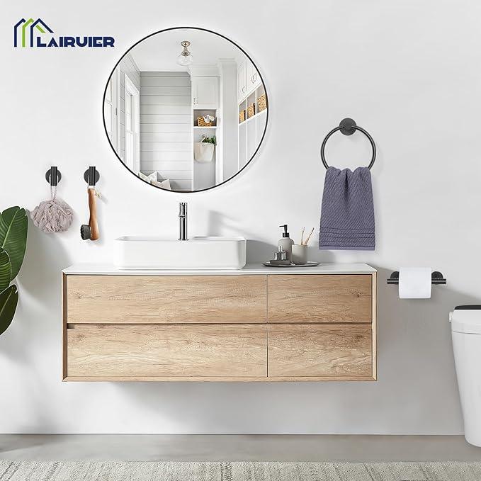 Black Bathroom Hardware Set, 4-Piece Towel Holder Set Include Double Bases Toilet Paper Holder,Towel Ring and 2 Towel Hooks Stainless Steel Wall Mounted Bathroom Hardware Accessories Set - ModernBath