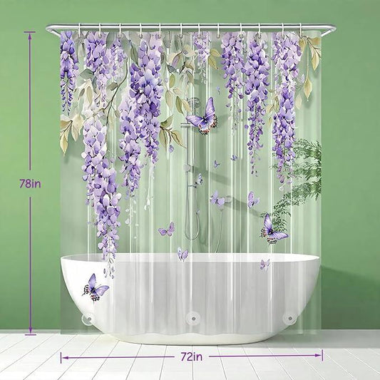 Clear Purple Floral Lavender Butterfly Shower Curtain, Plastic Transparent Cute Pretty Flower Decorative Aesthetic Shower Curtains for Bathroom, 72x78 Weighted Magnetic Shower Curtain Liner with Hooks - ModernBath