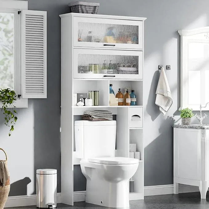 Vabches Over The Toilet Storage Cabinet with Transparent Door, Toilet Paper Storage Cabinet with Multi Layer Shelves Suitable for Bathroom, Laundry Room, Freestanding Bathroom Storage Rack, White - ModernBath