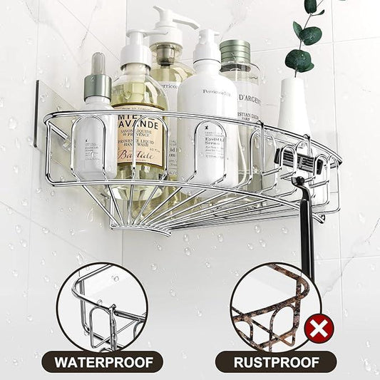 Orimade Corner Shower Caddy Stainless Steel with Hooks Wall Mounted Bathroom Shelf Storage Organizer Adhesive No Drilling 2 Pack, Silver Only for 90-Degree Corner - ModernBath