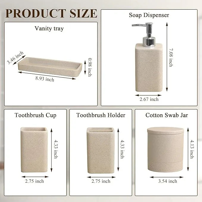 YMXYJM Bathroom Accessories Set, 6 Piece Bathroom Set with Toothbrush Holders, Soap Dispenser, Vanity Tray, Tumbler, Cotton Swab Jars, Bathroom Organizer,Bathroom Sink Sets, Stone Beige - ModernBath