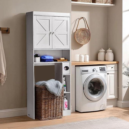 VEVOR Over The Toilet Storage Cabinet, 67.44‘’ Height Bathroom Storage Cabinet Over Toilet with Barn Door and Adjustable Shelf, Bathroom Space-Saving Toilet Rack White Wood with Open Shelf - ModernBath
