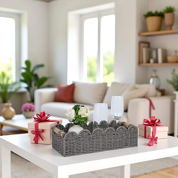 CubesLand Scalloped Edge Decor Baskets for Home, Living Room, Toilet Paper Storage Basket for Over Toilet Tank Top, Storage Shelf, Cute Small Paper Rope Baskets Both Storage&Decor, Set 2 Grey - ModernBath