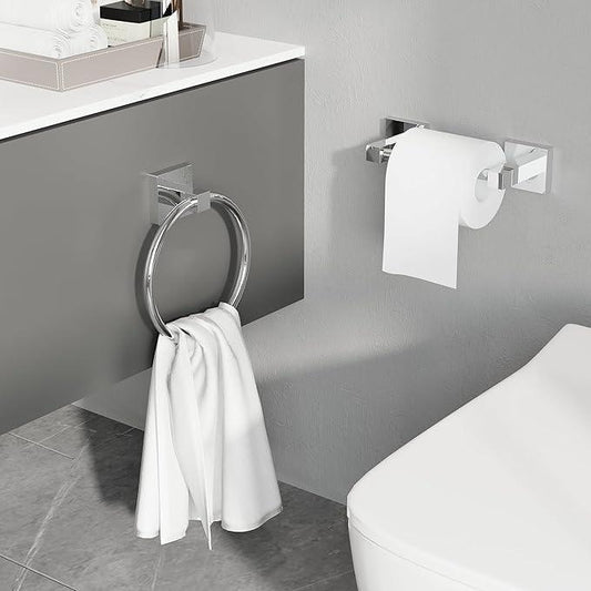 Ruacq Chrome Toilet Paper Holder Towel Ring Bathroom Accessories Hardware Set Double Post Pivoting Toilet Roll Holder Square Stainless Steel and Zinc Alloy Modern Wall Mounted 2 Pieces - ModernBath