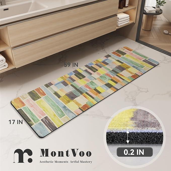 MontVoo -Bath Mat-Non Slip Thin Bathroom Rugs Fit Under Door- Quick Dry Absorbent Faux Suede Surface Grey Bathroom Floor Mats-Shower Rug for in Front of Bathtub Shower Colorful Plaid 17x59 - ModernBath