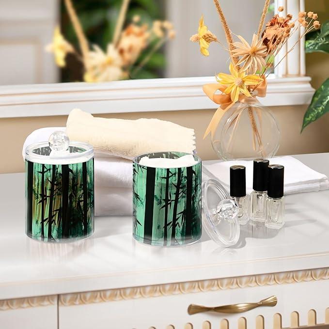 Qtip Holder Bathroom Set Q tip Cotton Ball Swab Pad Dispenser Container Organizer Plastic Jars with Lids Storage 2Pack Watercolor Green Bamboo Forest Silhouette - ModernBath