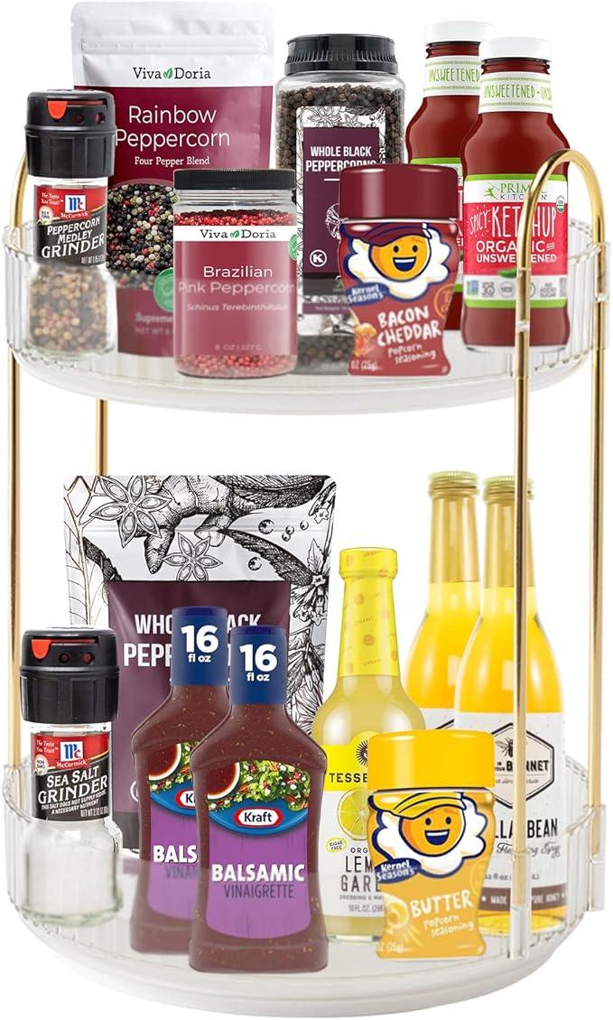 INVSSENE 360° Rotating Makeup Organizer, Bathroom Make Up Spinning Holder Rack, Large Capacity Cosmetics Storage Vanity Shelf Countertop, Fits Cosmetics, Perfume, Skincare(2 Tiers, Clear) - ModernBath