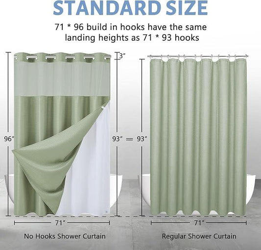 Furlinic Extra Long Waffle Weave No Hook Shower Curtain with Snap in Liner,Heavy Duty Textured Fabric Bathroom Curtains with Mesh Top Window,Waterproof & Machine Washable,Sage Green,71x96 Inch - ModernBath