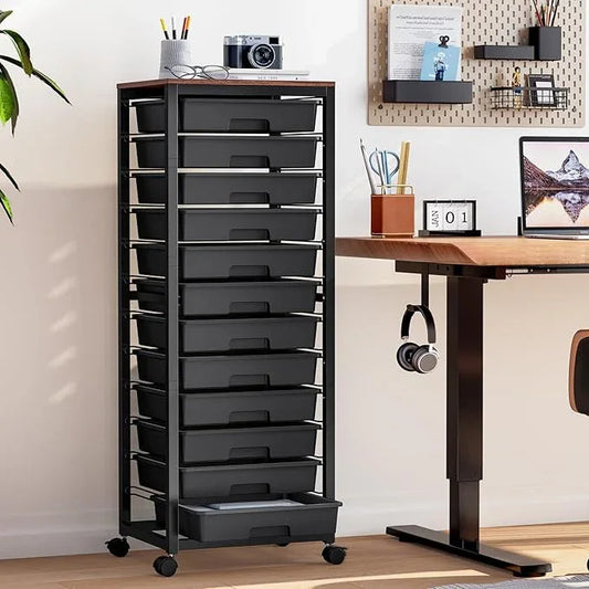 Rolling Cart with Drawers,12 Drawer Rolling Cart,Rolling storage cart with drawers,Black Rolling Drawer Cart,Teacher Rolling Cart for Classroom Storage,Craft Cart with Wooden Tabletop - ModernBath
