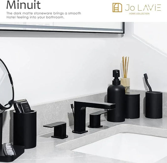 Jo Lavie Bathroom Accessory Set - 4 Pcs Matte Black Bathroom Set with Toothbrush Holder, Soap Dispenser, Tumbler & Cotton Swab Jar - Bathroom Vanity Countertop Organizer, Bathroom Decor Sets - ModernBath