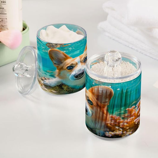 BOENLE 2 Pack Qtip Holder Organizer Dispenser Corgi Dog Underwater Bathroom Storage Canister Cotton Ball Holder Container for Cotton Pads/Swabs/Floss