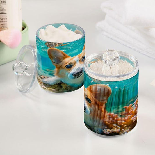 BOENLE 2 Pack Qtip Holder Organizer Dispenser Corgi Dog Underwater Bathroom Storage Canister Cotton Ball Holder Container for Cotton Pads/Swabs/Floss - ModernBath