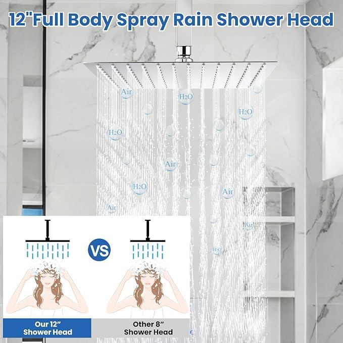 Airuida Shower Faucet Set and Handle Set Single Function Shower Trim Kit Ceiling Mount Rainfall Shower System with Male Threads and Rough-in Valve 12 Inch Square Shower Head Chrome Polish - ModernBath