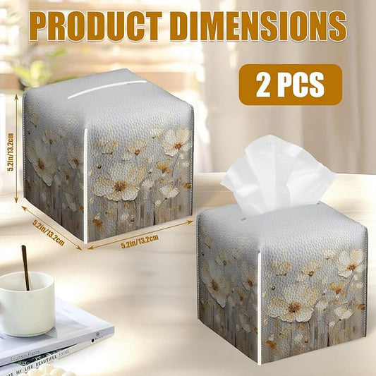 White Poppy Tissue Box Cover 2PCS, Flower Floral Leather Tissue Box Holder Square Facial Paper Case Tissue Box Cube Organizer for Bathroom Bedroom Desk Office