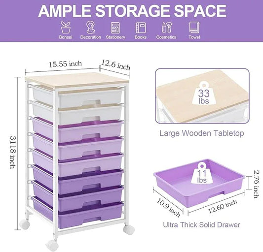 Rolling Cart with Drawers,Utility Cart With 8 Drawers and Wooden Tabletop for Living Room,Classroom,Bedroom,Bathroom,Dorm,Office,Purple - ModernBath