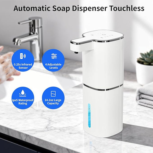 Automatic Liquid Soap Dispenser, Touchless Hand Soap Dispenser, USB Rechargeable, 4 Adjustable Levels, 14.2 oz (420 ml) Large Capacity, for Bathroom, Kitchen & School (White, Liquid)