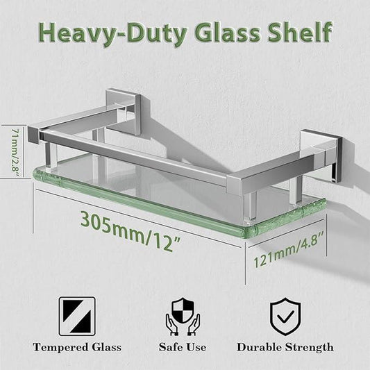 Alise Glass Shelves for Bathroom Wall, Tempered Glass Bathroom Shelf Wall Mounted, Modern Space Saving Floating Shelves 12 inch, Polished Chrome - ModernBath