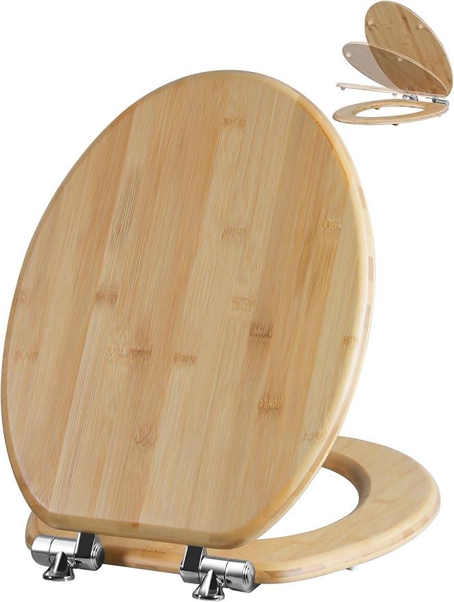 Angol Shiold ELONGATED Bamboo Wood Toilet Seat Soft Close Zinc Alloy Strong Hinges, Light, Easy to Install & Clean, Up to 400 lbs (Elongated 18.5", Natural Bamboo) - ModernBath