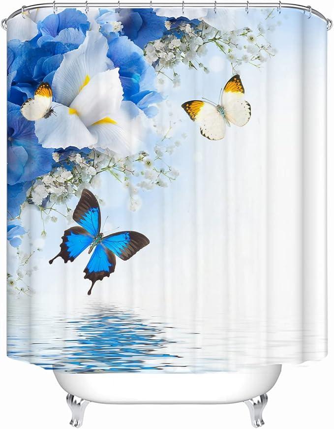 LYFANS Shower Curtains Waterproof Polyester Fabric,Large Width Bright Partition Curtain with Blue Butterfly Print,Shower Curtain Liner for Bathtub Bathroom with 12 White Hooks (72 x72 inches) - ModernBath