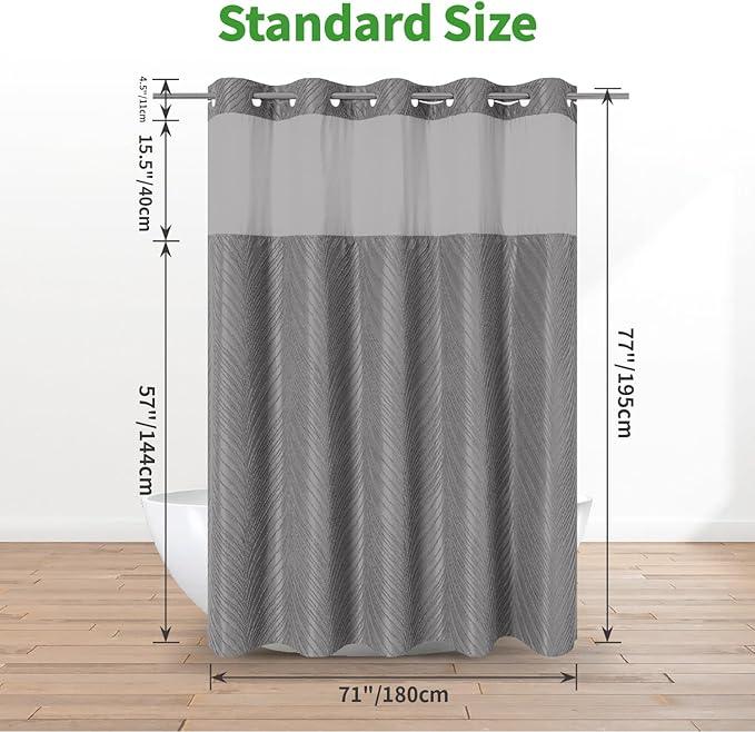 eachope no Hook Shower Curtain and Liner Set,Boho Style with See Through Top Window, Grey Fabric Tufted Striped Textured Outer Curtain & Waterproof Inner Liner, Grey/Gray, 71Wx77H - ModernBath