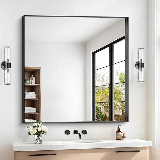 Black Bathroom Mirror, 42x42 Inch Rectangular Framed Mirror, Large Wall Mounted Bathroom Vanity Mirror Over Sink for Bedroom,Restroom, Living Room, Hangs Vertically or Horizontally - ModernBath