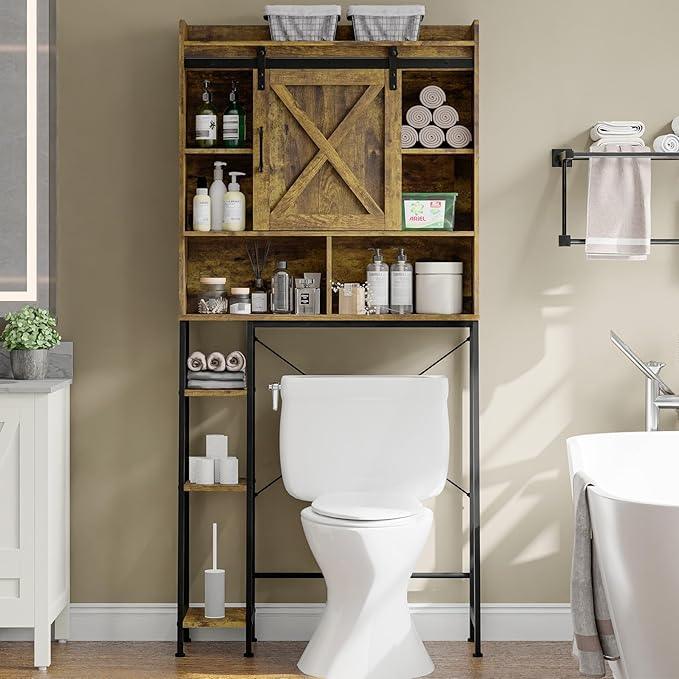 Farmhouse Storage Cabinet Over Toilet with Sliding Door & Toilet Paper Holder Stand, Space-Saving Bathroom Rack - ModernBath