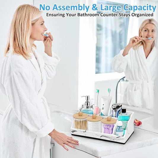 Marble Toothbrush Holder for Bathroom Organizer Countertop, Toothbrush Organizer with 3PCS Qtip Holder Dispenser, Toothbrush and Toothpaste Holder for Bathroom Counter Organization Storage Vanity - ModernBath
