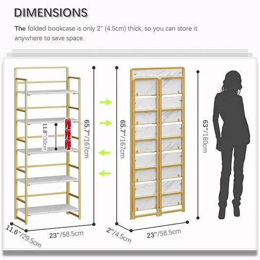 4NM No Assembly 5 Tiers Folding Bookshelf Storage Shelves Vintage Bookcase Standing Racks Study Organizer Home Office (White Gold) - ModernBath
