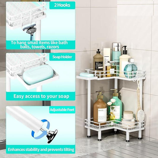 HapiRm Corner Shower Caddy Standing - 2 Tier Shower Organizer Corner with Soap Holder, Rustproof Bathroom Standing Organizer with 2 Hooks, White - ModernBath