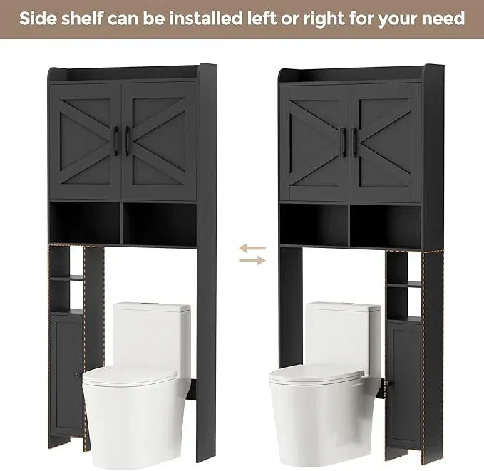 Homhedy Over The Toilet Storage Cabinet with 2 Barn Door and Toilet Paper Holder Stand, FreeStanding Toilet Shelf Space Saver, for Bathroom, Restroom, Laundry, Black - ModernBath