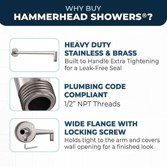 HammerHead Showers® Solid Metal 16 Inch Extended Shower Arm and Flange with Set Screw, Long Shower Arm, Extends Rain Shower Overhead, Wall-Mounted Rain Shower Arm, Brushed Nickel - ModernBath