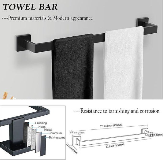BOZWELL 5 Pieces Matte Black Bathroom Hardware Accessories Set Square Towel Racks for Bathroom 23.6 inch Stainless Steel Towel Bar Set Wall Mounted - ModernBath