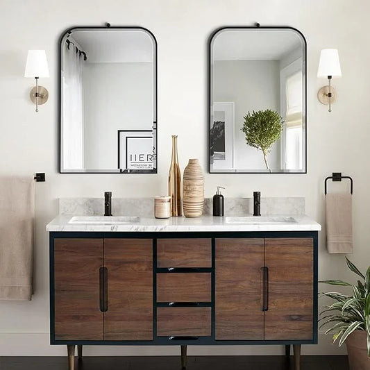 POZINO Beveled Mirror Over Sink, 22"x35" Black Arched Bathroom Mirror, Modern Rounded Rectangle Mirrors with Stainless Steel Frame, Vanity Wall Mirrors for Bedroom Living Room Entryway Fireplace - ModernBath