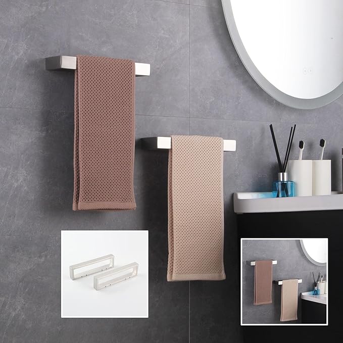 GERZWY Modern Towel Holder Square Style Brushed Stainless Steel Towel Hanger Towel Ring for Bathroom Wall Mount 2 Pack HG1716-2LS
