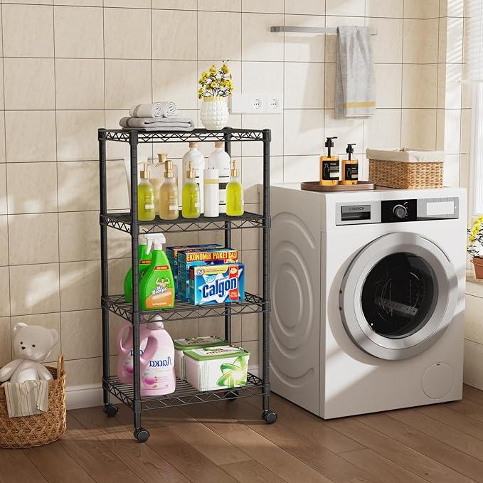 Small 4 Tier Shelves Storage Wire Shelving Unit Metal Shelf Adjustable Organizers Storage Shelving with Wheels for Bathroom Laundry Room Kitchen Pantry12”D x 18”W x 44.8”H Black - ModernBath