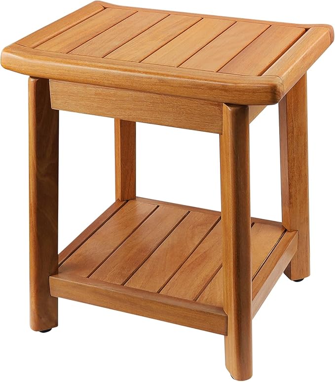 14" Teak Shower Stool with Storage Shelf, Non-Slip Waterproof Wooden Shower Chair, Compact Bathroom Bench and Shower Seat for Tub or Indoor Use, Ideal for Elderly, Recovery and Everyday Use