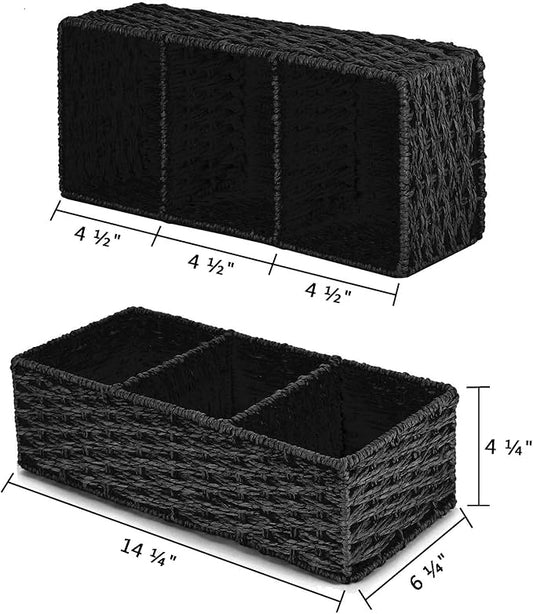 Vagusicc 3 Section Wicker Storage Basket, Hand-Woven Paper Rope Wicker Baskets for Organizing, Toilet Tank Basket, Black Baskets for Bathroom, 2-Pack, Black