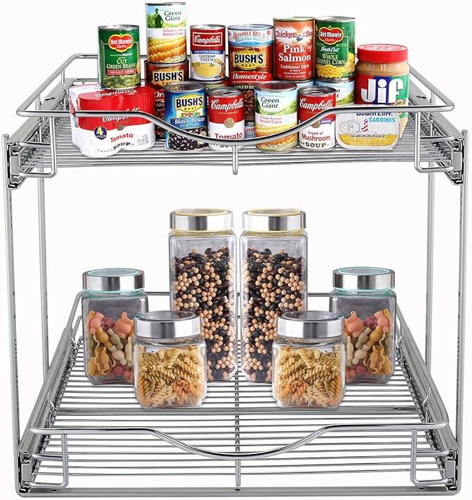 DINDON 2 Tier Pull Out Cabinet Organizer (14" W X 18" D), Double Tier Wire Basket Slide Out Shelf Storage for Kitchen Base Cabinet Organization for Kitchen, Pantry, Bathroom, Chrome - ModernBath