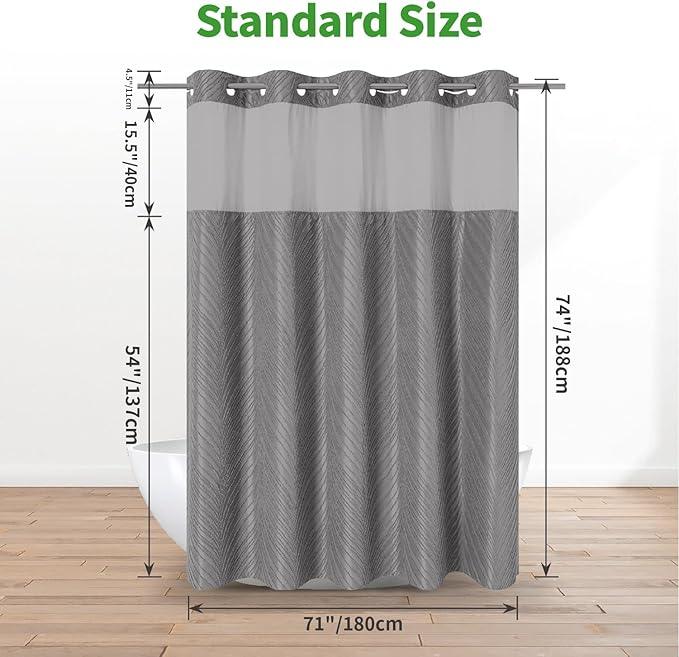 eachope no Hook Shower Curtain and Liner Set,Boho Style with See Through Top Window, Grey Fabric Tufted Striped Textured Outer Curtain & Waterproof Inner Liner, Grey/Gray, 71Wx74H - ModernBath