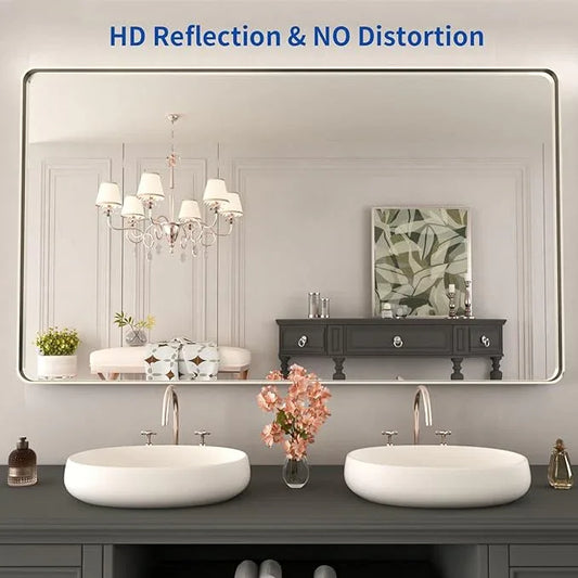 WEER 50X30 Inch Brushed Nickel Bathroom Mirror, Brushed Silver Metal Frame Mirror, Rounded Rectangle Silver Bathroom Vanity Mirror, Tempered Glass, Anti-Rust, Hangs Horizontally or Vertically - ModernBath