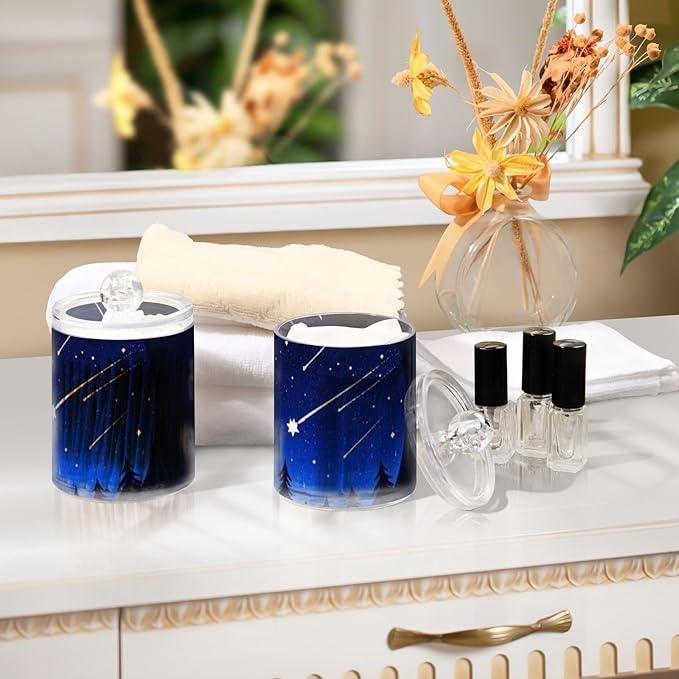 Tatenale Qtip Holder Bathroom Set Q tip Cotton Ball Swab Pad Dispenser Container Organizer Plastic Jars with Lids Storage 2Pack Meteor Pine Deep Blue - ModernBath