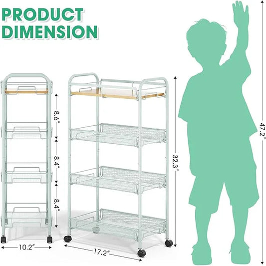 TOOLF 4-Tier Rolling Cart, Metal Utility Cart, Slide Out Storage Cart with Wooden Tabletop and Mesh Baskets for Narrow Space on Kitchen Bathroom Laundry Room Bedroom Apartments Dormitory (Green, Wide) - ModernBath