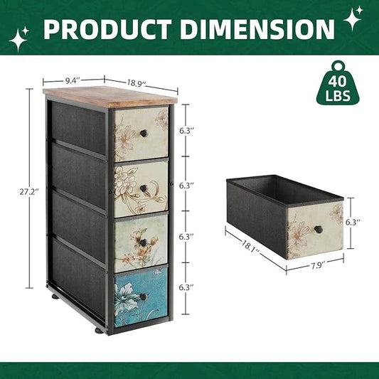 Narrow Dresser, Narrow Nightstand Dresser Storage Tower with 4 Drawers, Slim Fabric Dressers Chest of Drawers for Small Spaces, Retro Flower Dressers, for Bedroom Bathroom Laundry Closet, Vintage - ModernBath