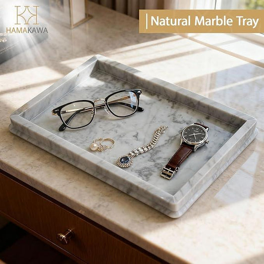 HAMAKAWA Large Natural Marble Bathroom Vanity Tray 12 inch, Carrara White Stone Jewelry Tray, Rectangle Sink Trays, Modern Tank Trays, Countertop Organizer for Soap Dispenser, Kitchen, Home Decor - ModernBath